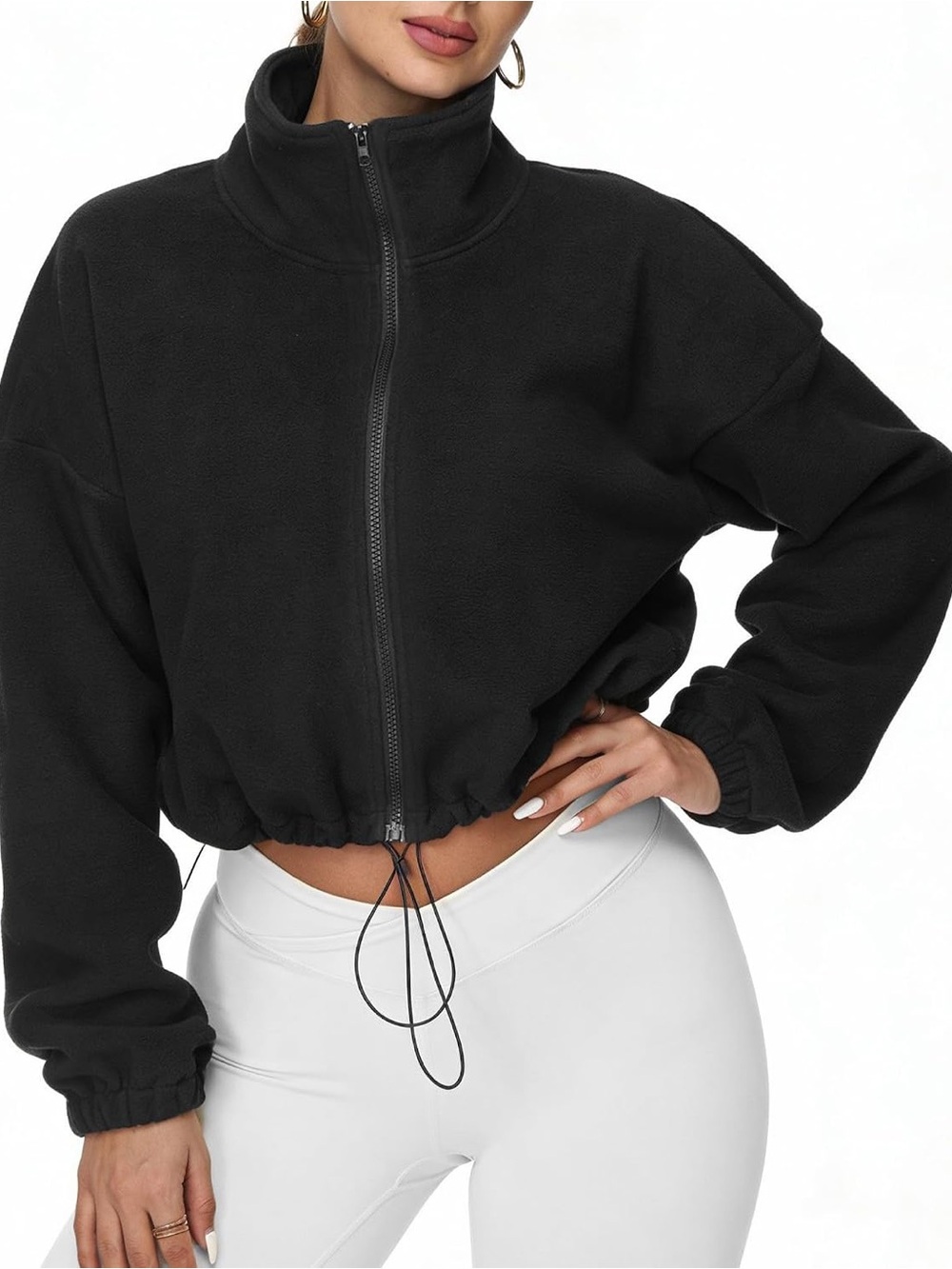 New Amazon Polar Fleece Oversized Crop Drawstring Jacket in Black Size Small